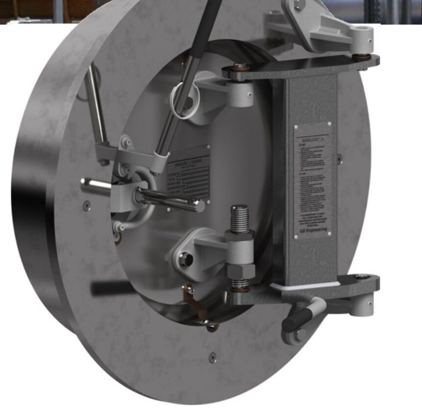 Cutaway render of the internal-door locking band mechanism.