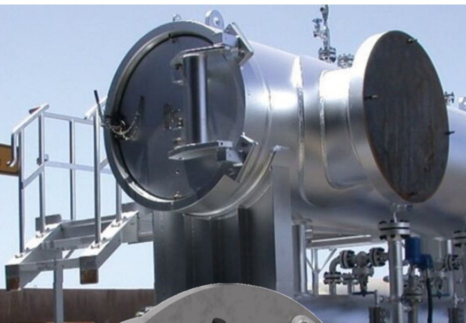 A large-diameter quick-open closure installed on a horizontal vessel with access platform.