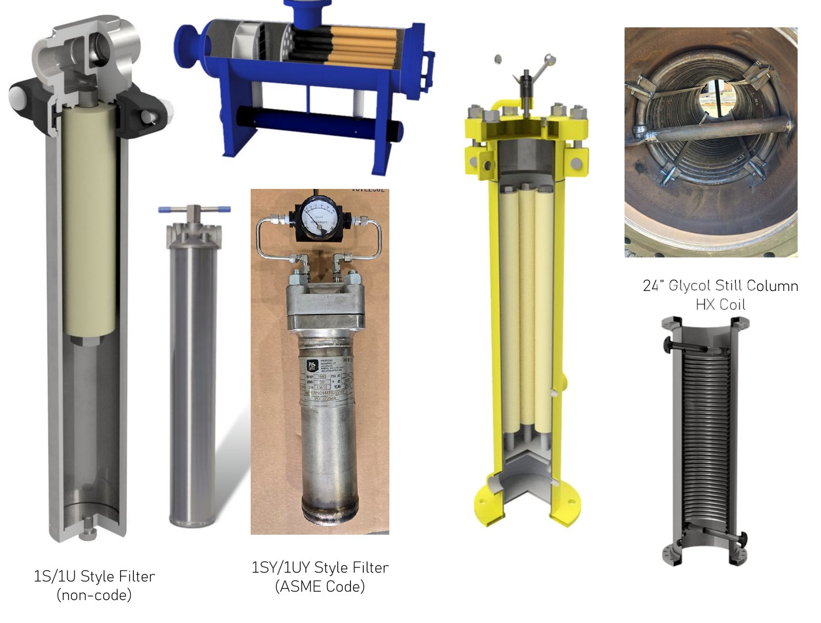 The filter housing range: clamp-style and ASME-style filters, a glycol still column and a heat-exchange coil.