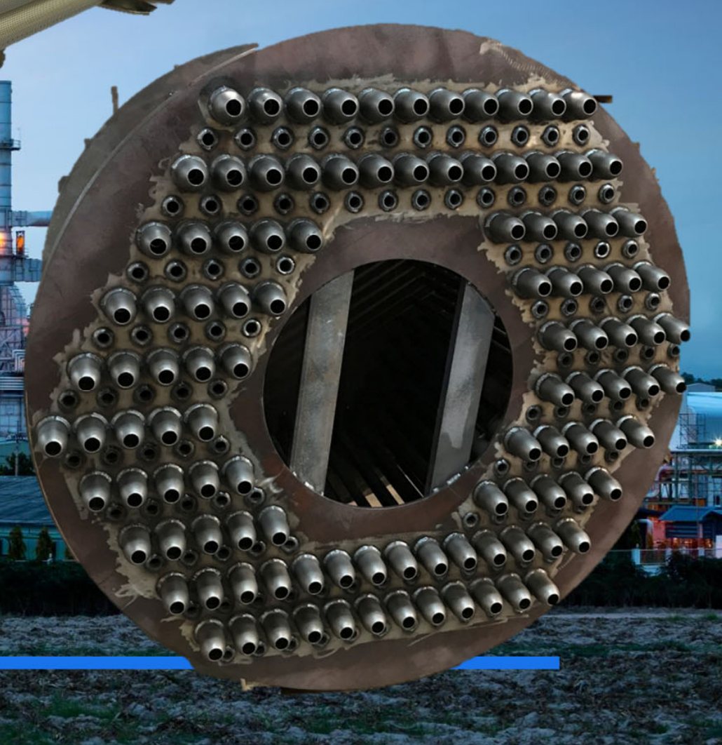 A large carbon-steel tubesheet with rolled tube ends and a central open window.
